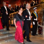 King Carl XVI Gustaf arrives with Mira Nikomarow, spouse of Nobel Prize for Physics 2013 Francois EnglertPhoto: TT