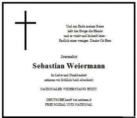 The death notice Sebastian Weiermann received on Monday night with his name on it. Courtesy: Sebastian Weiermann. 