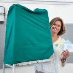 Green Party co-leader Isabella Lövin voted in Värmdö.Photo: Jessica Gow/TT